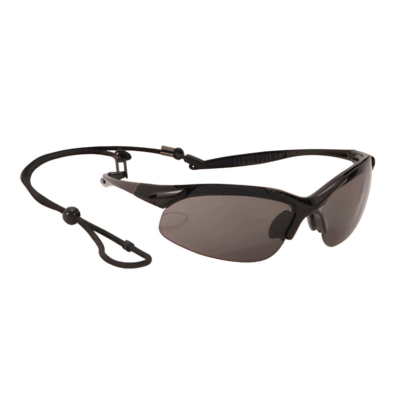 Rad-Infinity R1N1S smoke safety glasses - black polycarbonate wraparound lenses with gel nosepiece and neck cord