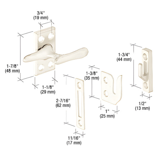 CRL casement sash lock H3836 with handle and three keepers, polished finish, dimensional diagram.