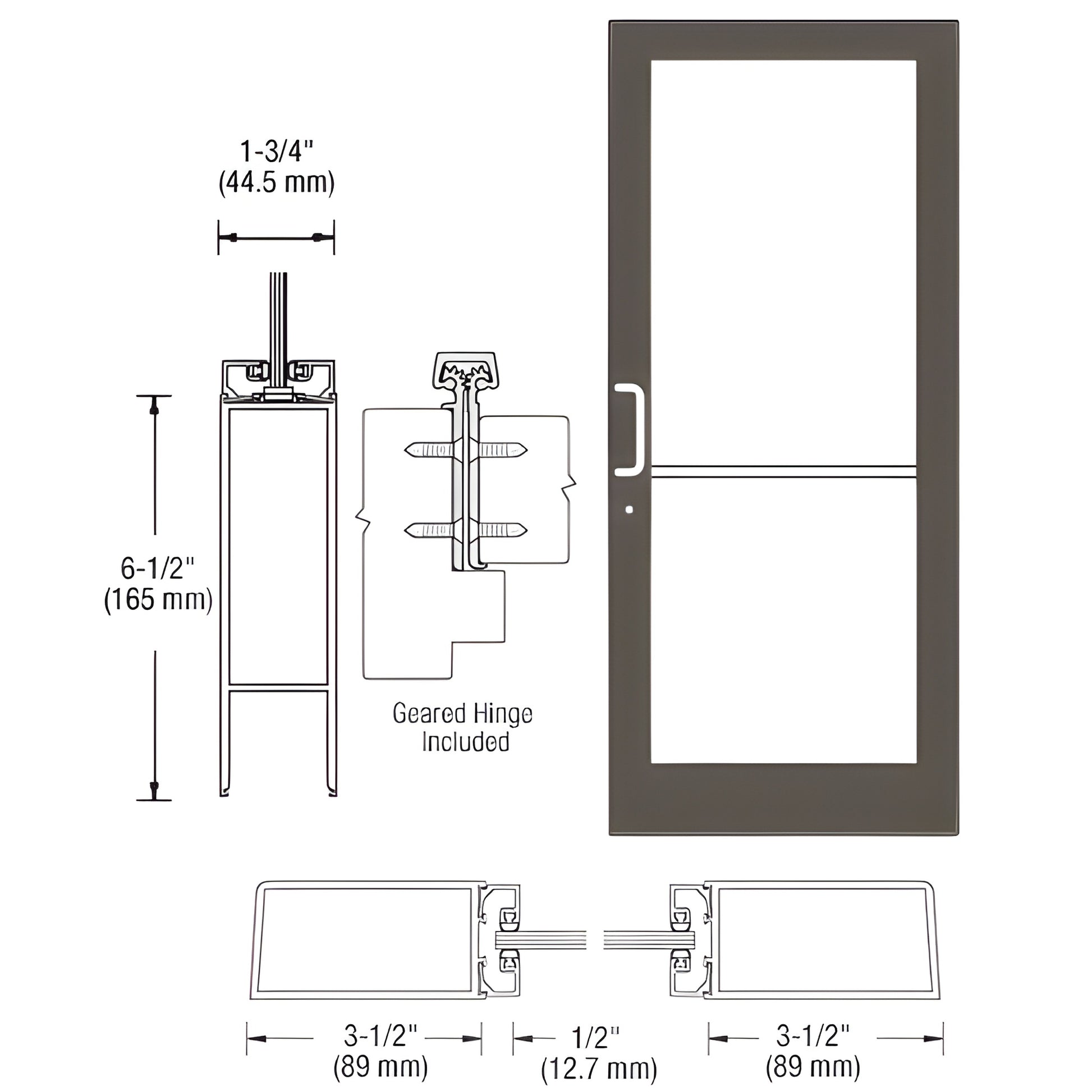 Custom medium stile entrance door, Black Bronze Anodized, 3-1/2 stiles, 6-1/2 bottom rail, gear-hinge ready (SKU DC41822)