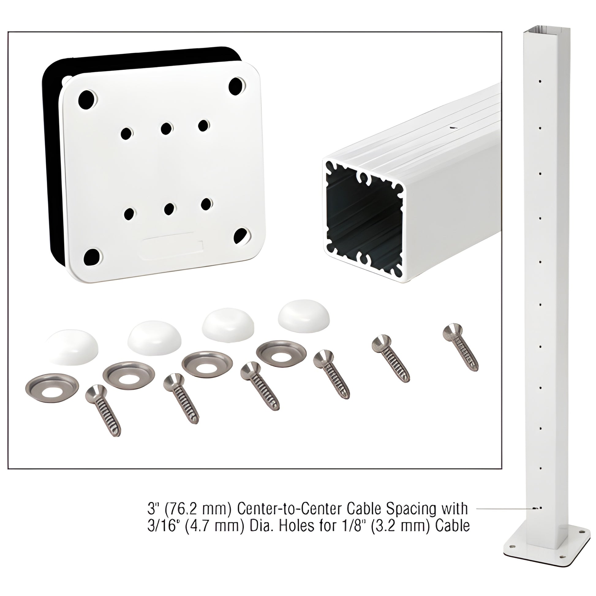 P36CKW sky-white 36 in aluminum square center post cable kit with base plate, gasket, washers, screws, bolt caps