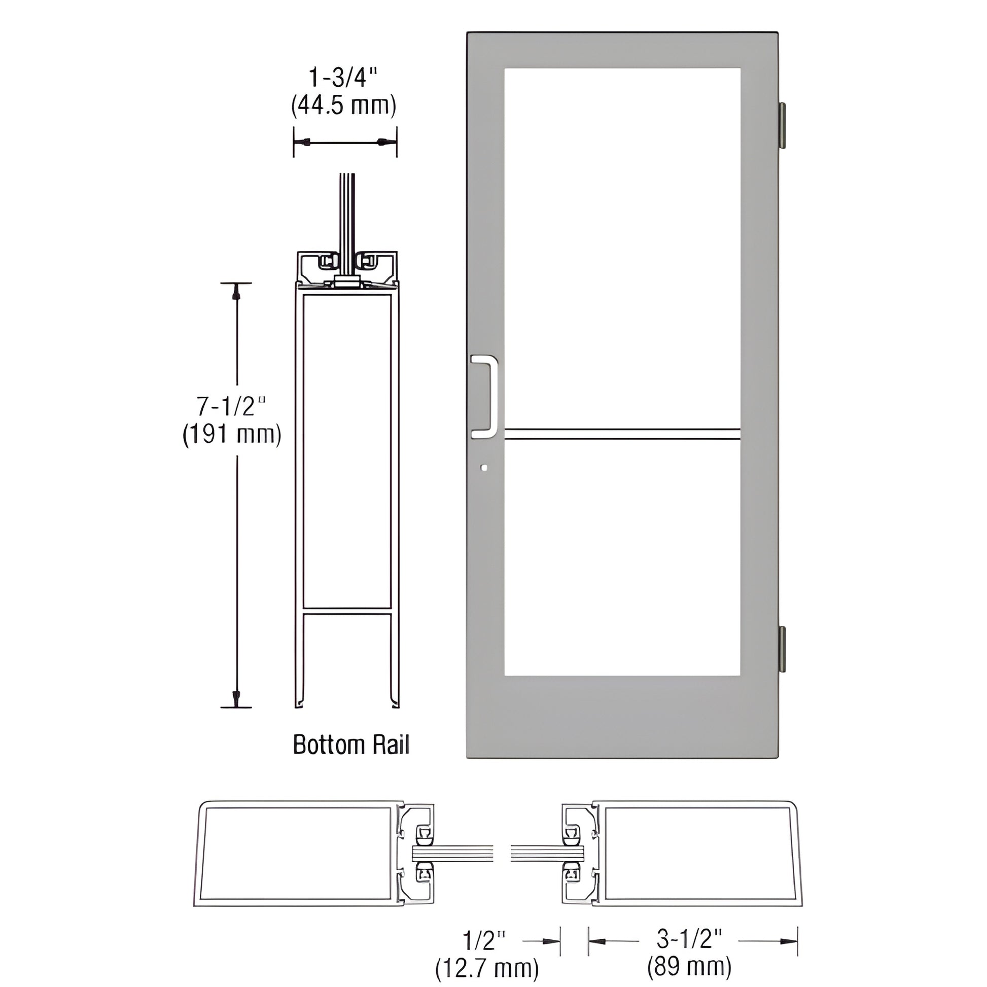 HE41511 medium-stile commercial entrance door, Clear Anodized Class 1, 3-1/2" stiles, 7-1/2" bottom rail, fits 1/4" tempered