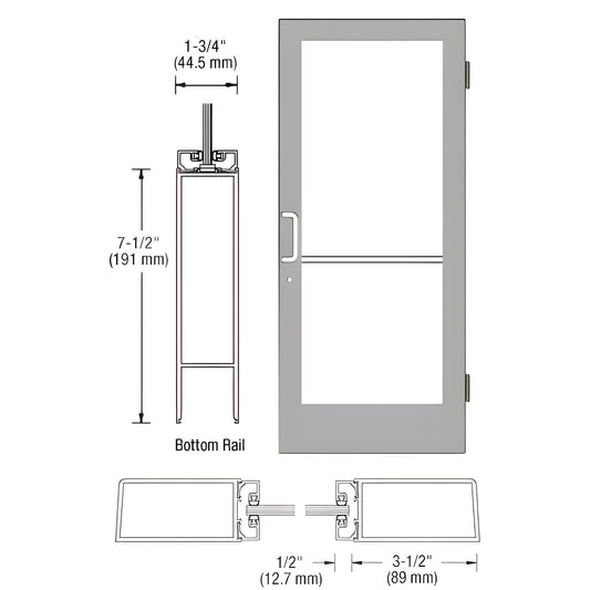 HE41511 medium-stile commercial entrance door, Clear Anodized Class 1, 3-1/2" stiles, 7-1/2" bottom rail, fits 1/4" tempered