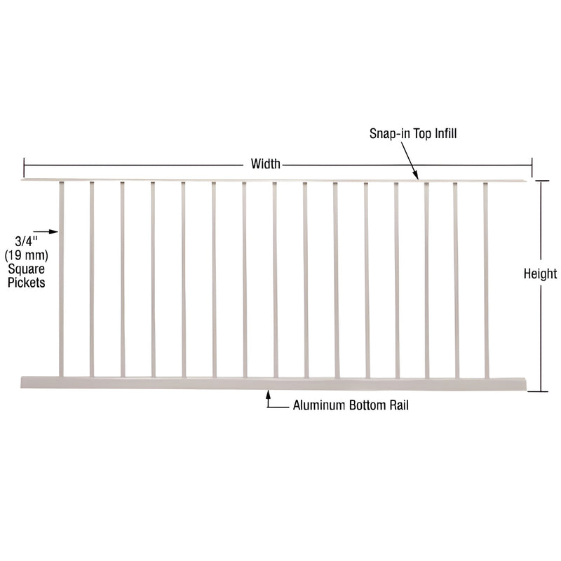 Sky White aluminum picket panel (SKU P7248W), 77-5/8" 45-1/8", 15 square pickets, snap-in top infill.