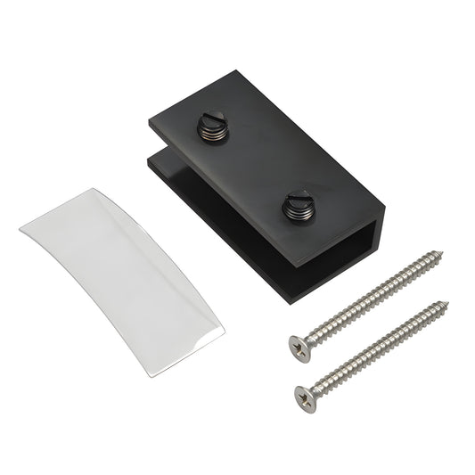 NDC12MBL matte black solid brass no-drill fixed-panel glass clamp with clear gasket and two mounting screws.