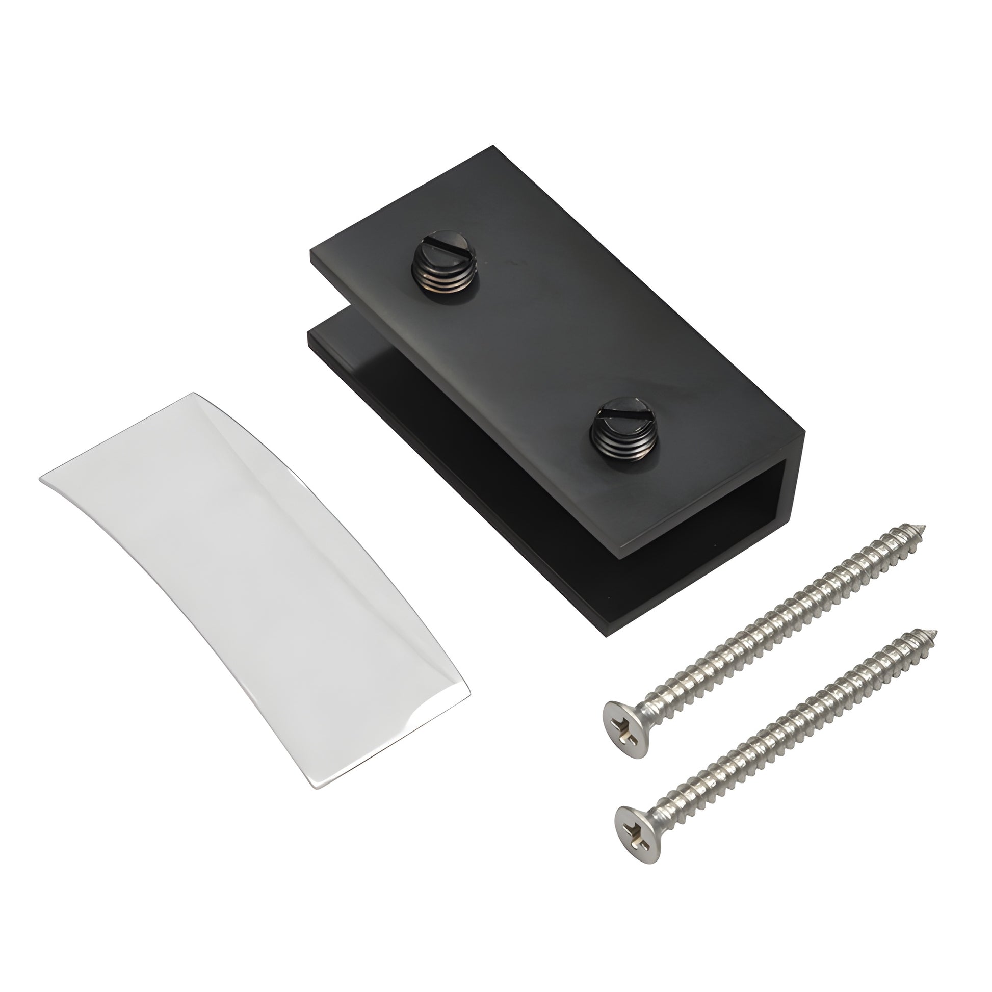 Matte black solid brass no-drill fixed panel clamp kit (NDC4MBL) with clear gasket and two mounting screws.