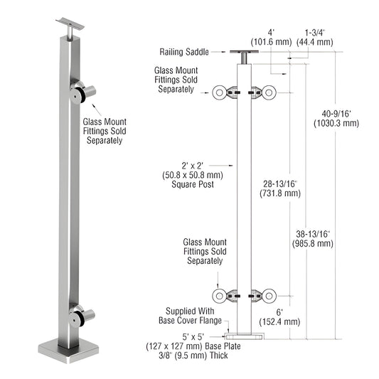 CRL P142EPSC polished 316 stainless steel surface-mounted 2x2 in square post railing kit, 42 in height, 5x5 in base