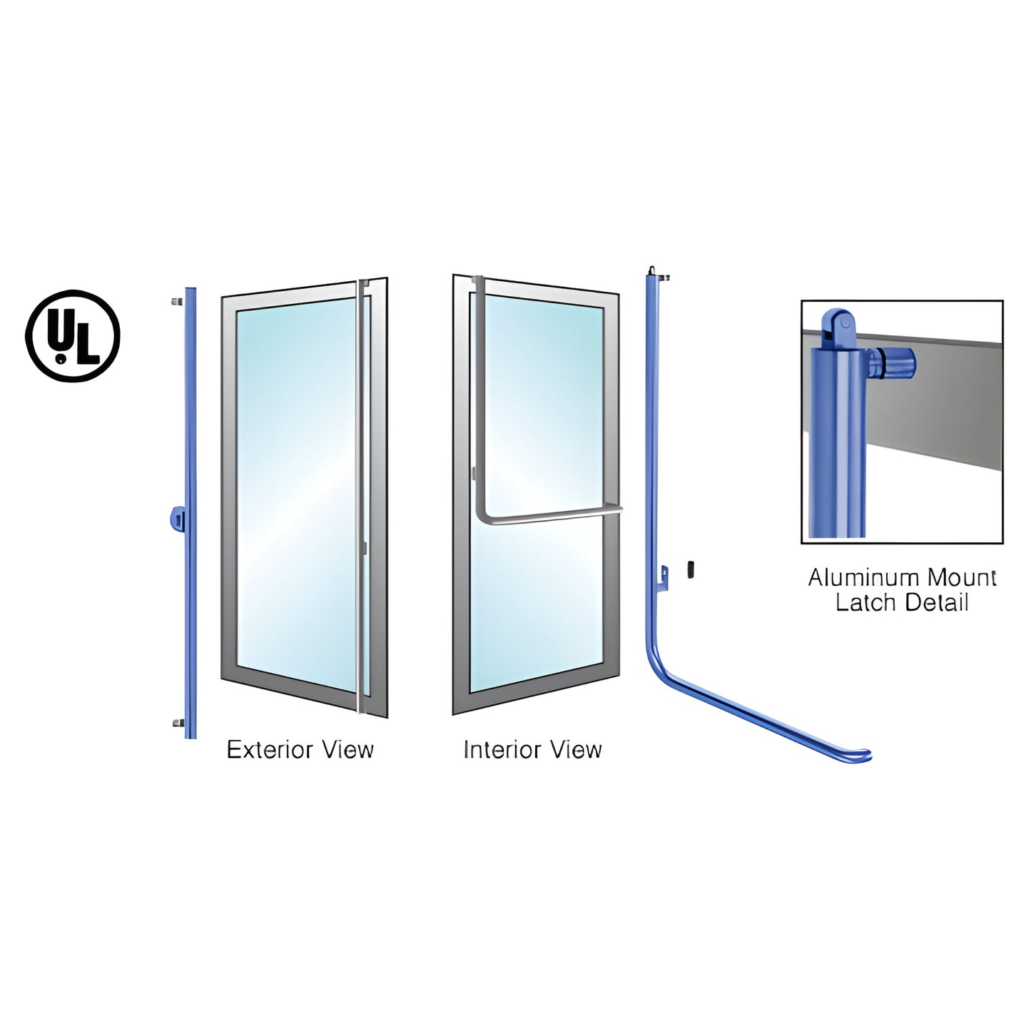 PA100F4AKPT panic handle: 11 4 tubular ADA glass door panic bar, stainless finish, aluminum/wood mount, exterior key option