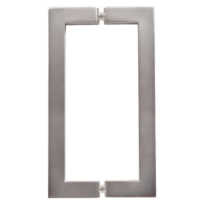 Satin nickel square-corner glass pull handle, 8in center-to-center tubular brass (SKU SQ8X8SN)