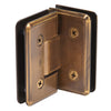Vintage brass Cologne 90 glass-to-glass beveled shower hinge, solid brass, reversible pivot (SKU C0L092VBR)