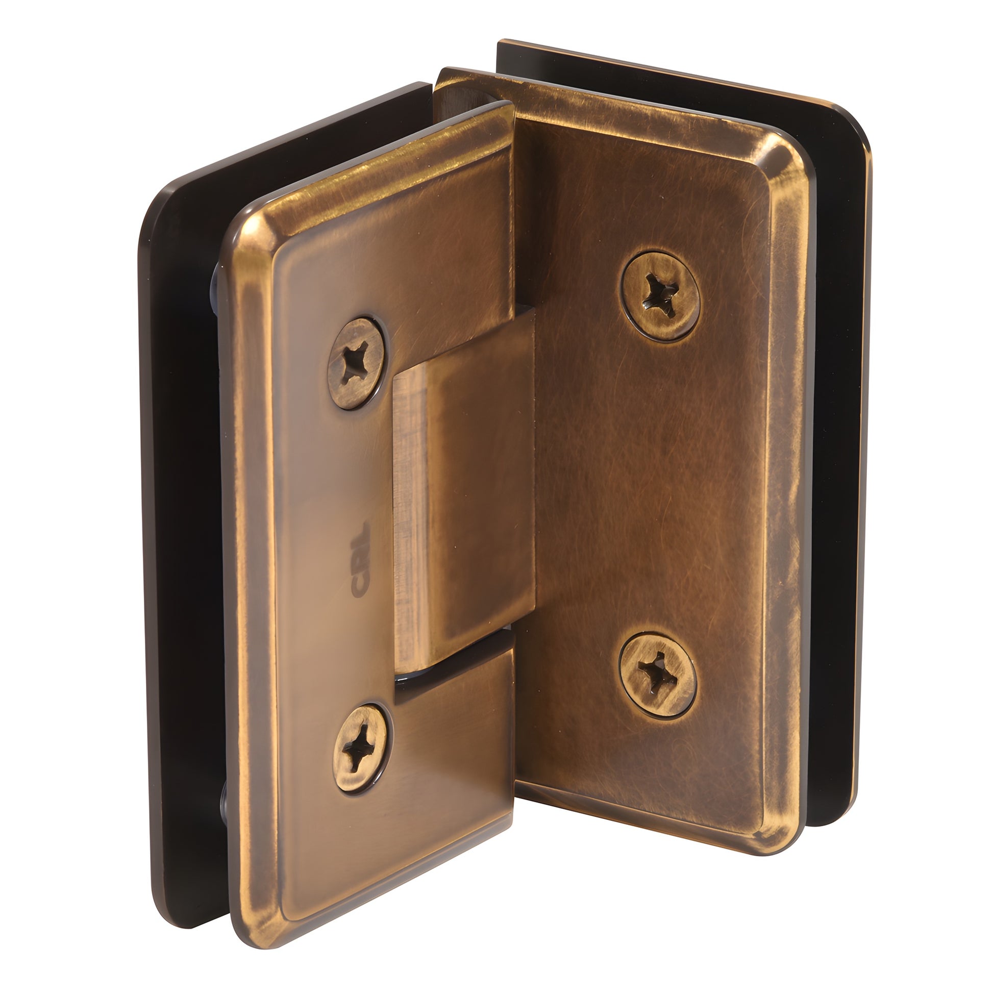 Vintage brass Cologne 90 glass-to-glass beveled shower hinge, solid brass, reversible pivot (SKU C0L092VBR)