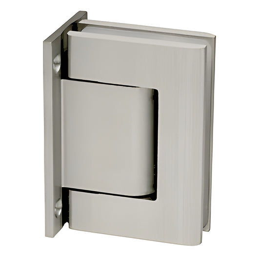H8010BTSA satin anodized aluminum oil-dynamic wall-mount full-back hinge for 8-14mm glass, self-closing with 90 hold-open.