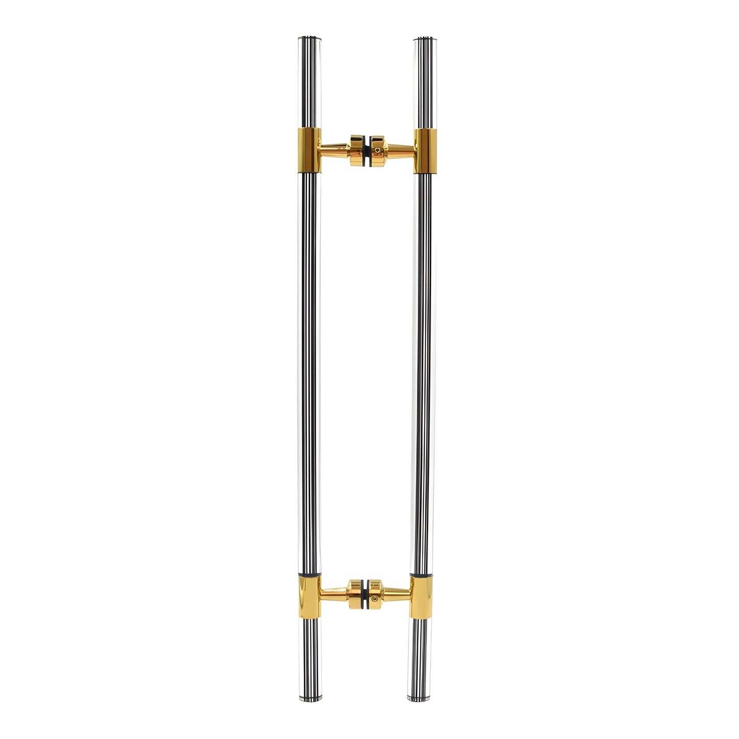 CB18X18BR polished brass ladder-style glass door pull, 27 in long, 18 in center-to-center, stainless tubing with black acryli