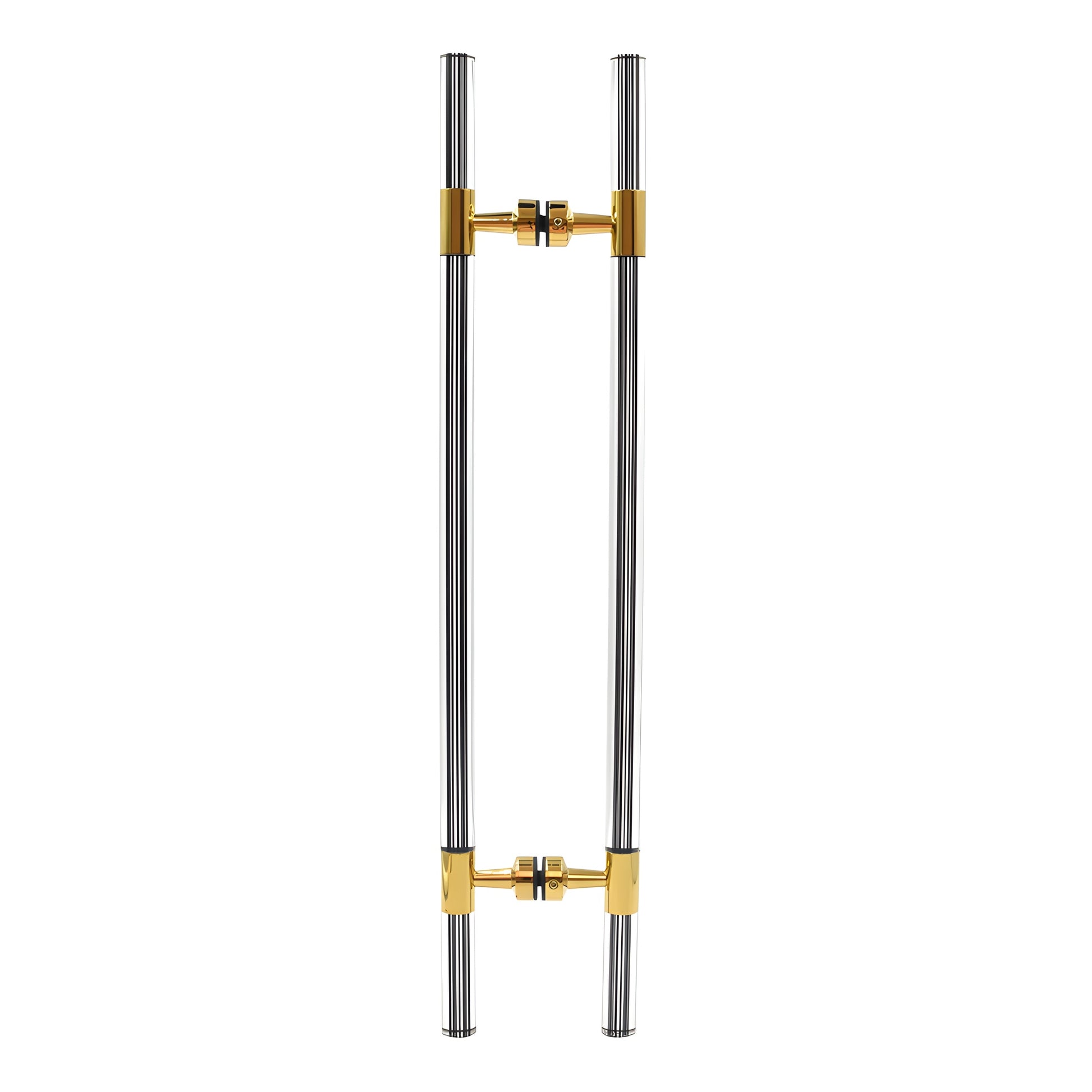 CB18X18BR polished brass ladder-style glass door pull, 27 in long, 18 in center-to-center, stainless tubing with black acryli