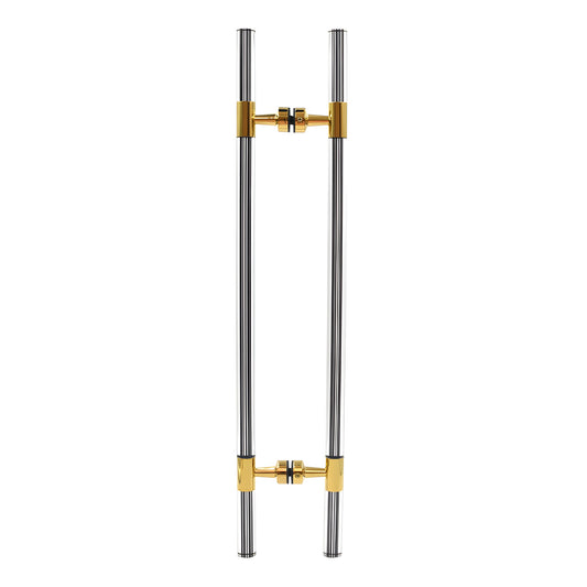 CB18X18BR polished brass ladder-style glass door pull, 27 in long, 18 in center-to-center, stainless tubing with black acryli