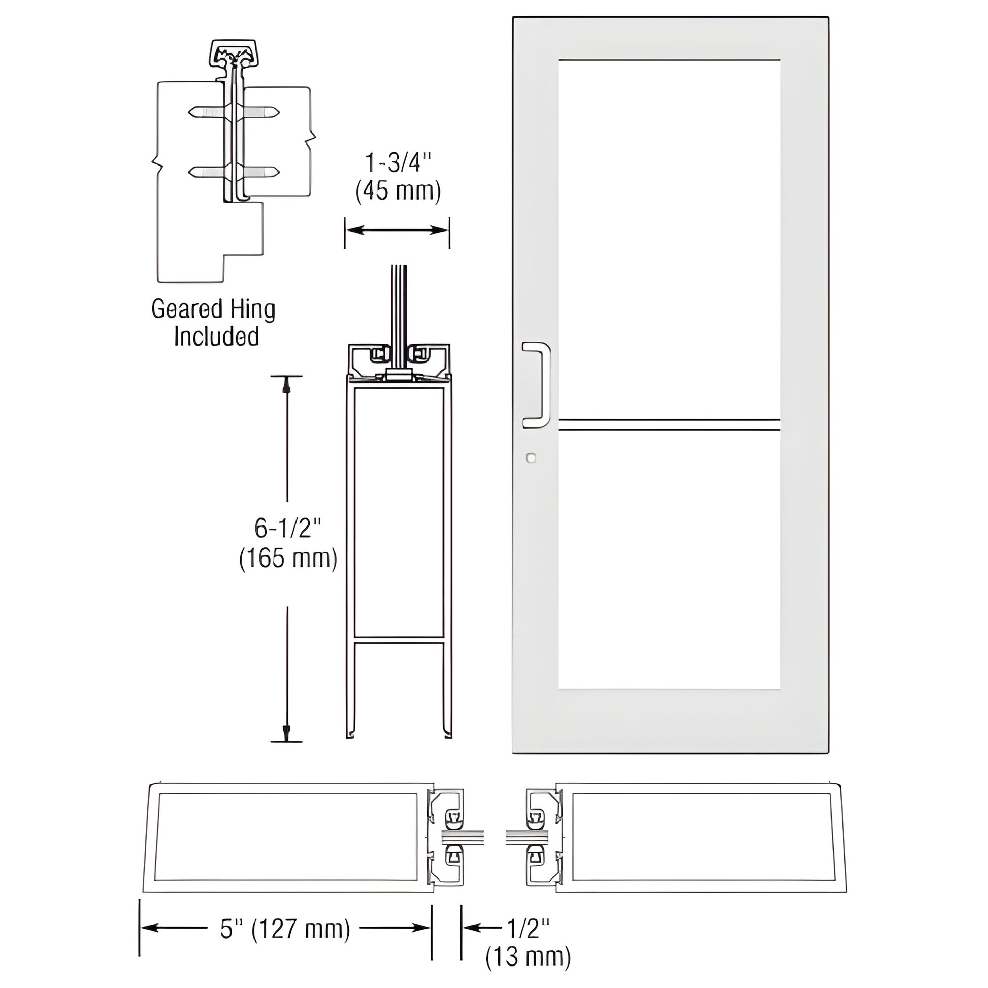 White Kynar wide-stile commercial glass entrance door (SKU DC51852) with push/pull hardware, 5" stiles and 61 2" bottom rail.