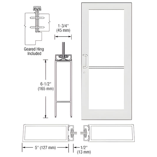 White Kynar wide-stile commercial glass entrance door (SKU DC51852) with push/pull hardware, 5" stiles and 61 2" bottom rail.
