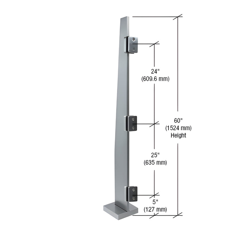 MET60CBS brushed stainless steel 60in slim post with three glass clamps and square base for frameless glass windscreen
