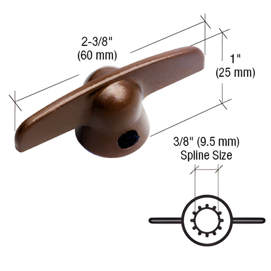 H3995 Copperite diecast T-crank handle for Pella casement windows, 2-3/8" long, 1" high, 3/8" spline.