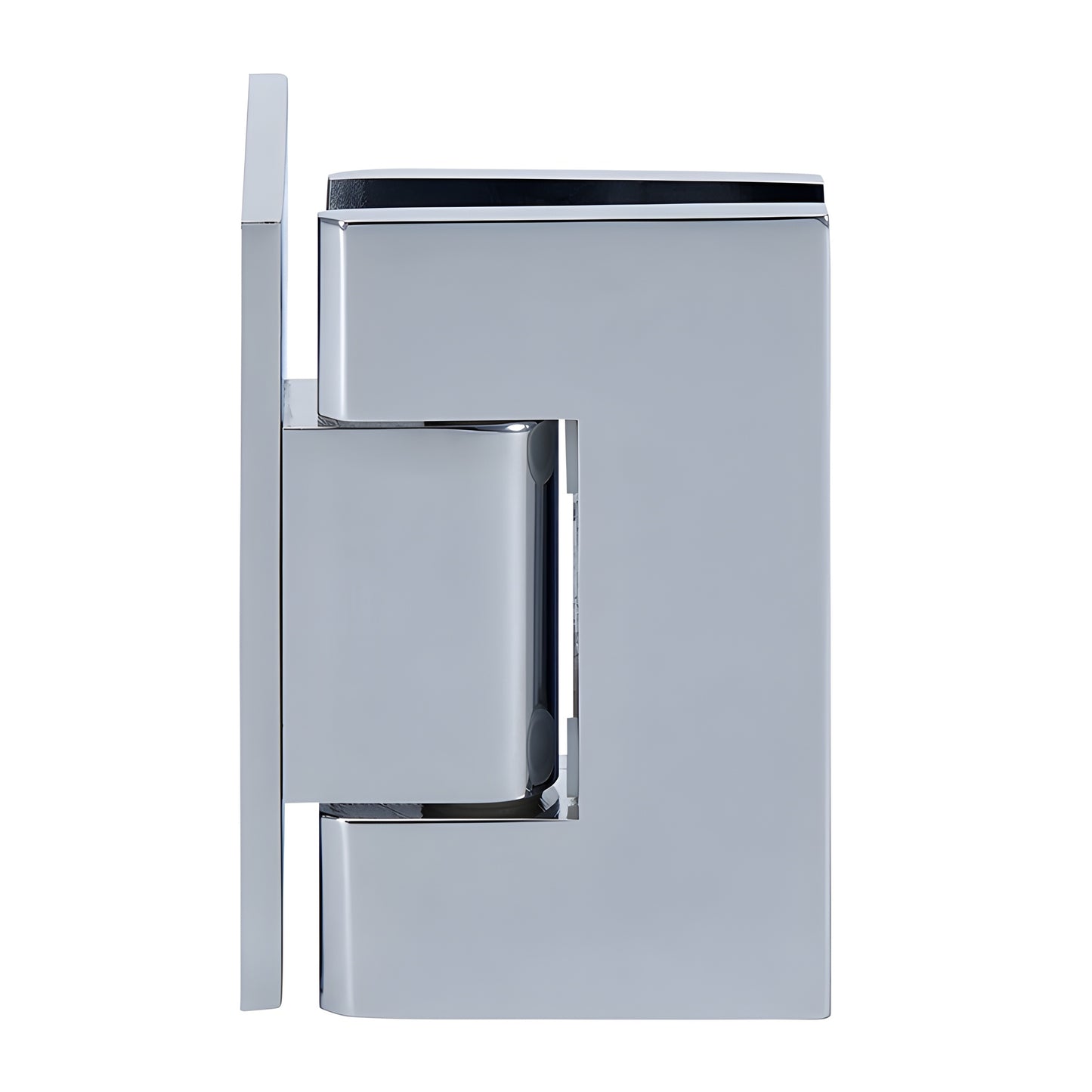 Polished chrome solid brass Junior Geneva shower hinge (JRG044CH), wall mount offset for 6-8mm tempered glass.