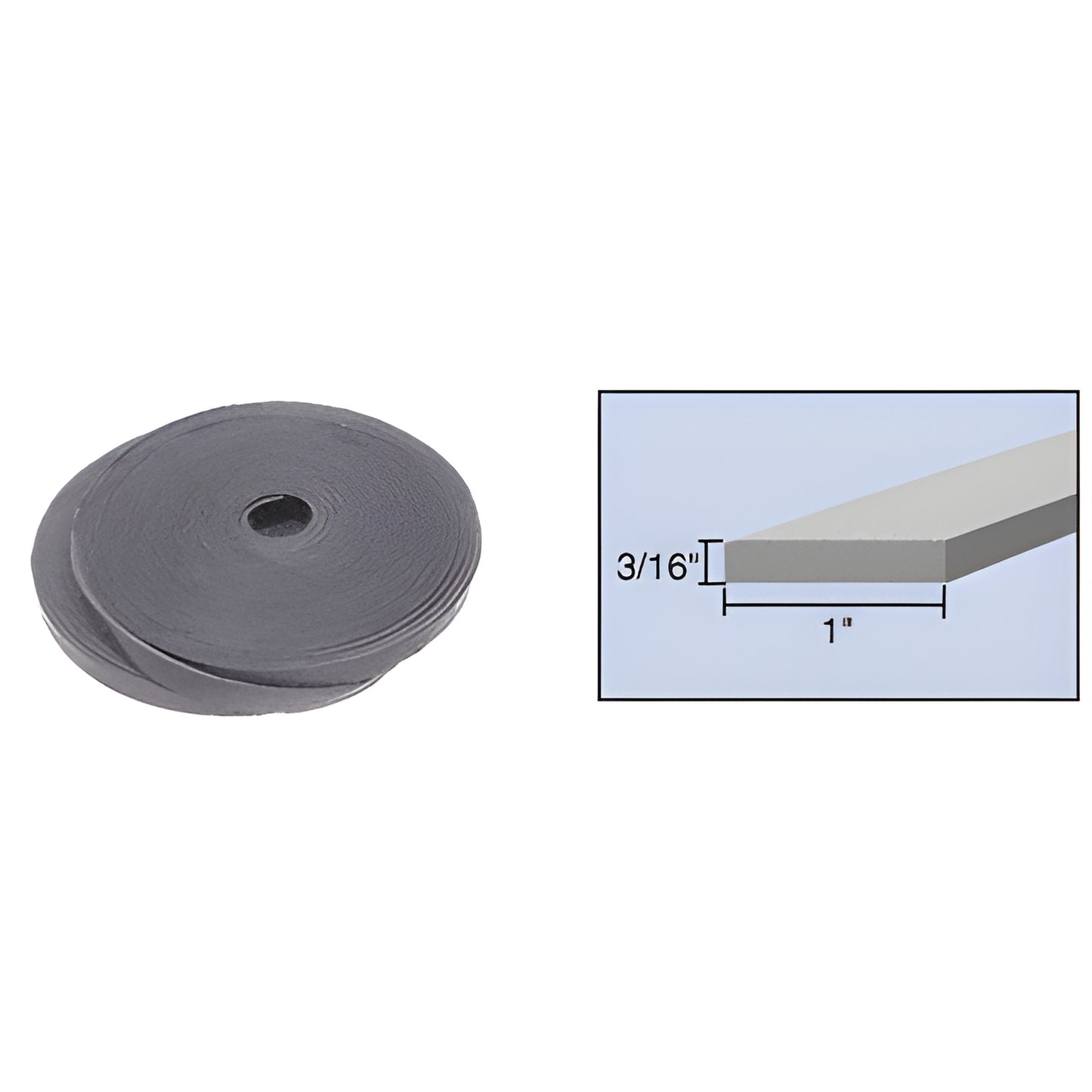 Black PVC bulk rolled setting block, 100 ft roll, 1" wide x 3/16" thick, for glazing and window installation (SKU SBRL7)