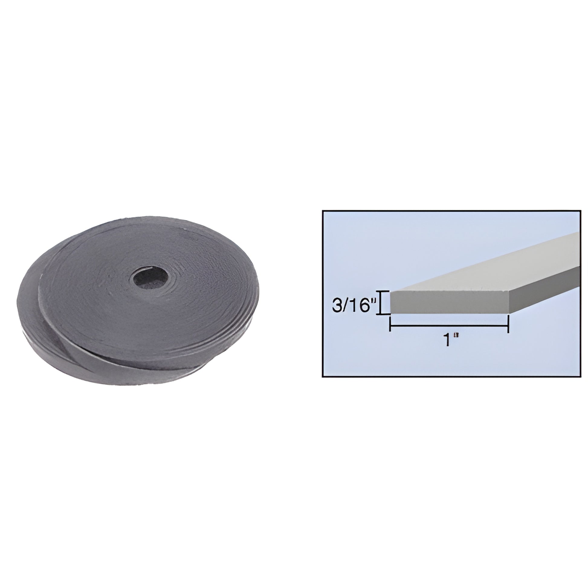 Black PVC bulk rolled setting block, 100 ft roll, 1" wide x 3/16" thick, for glazing and window installation (SKU SBRL7)