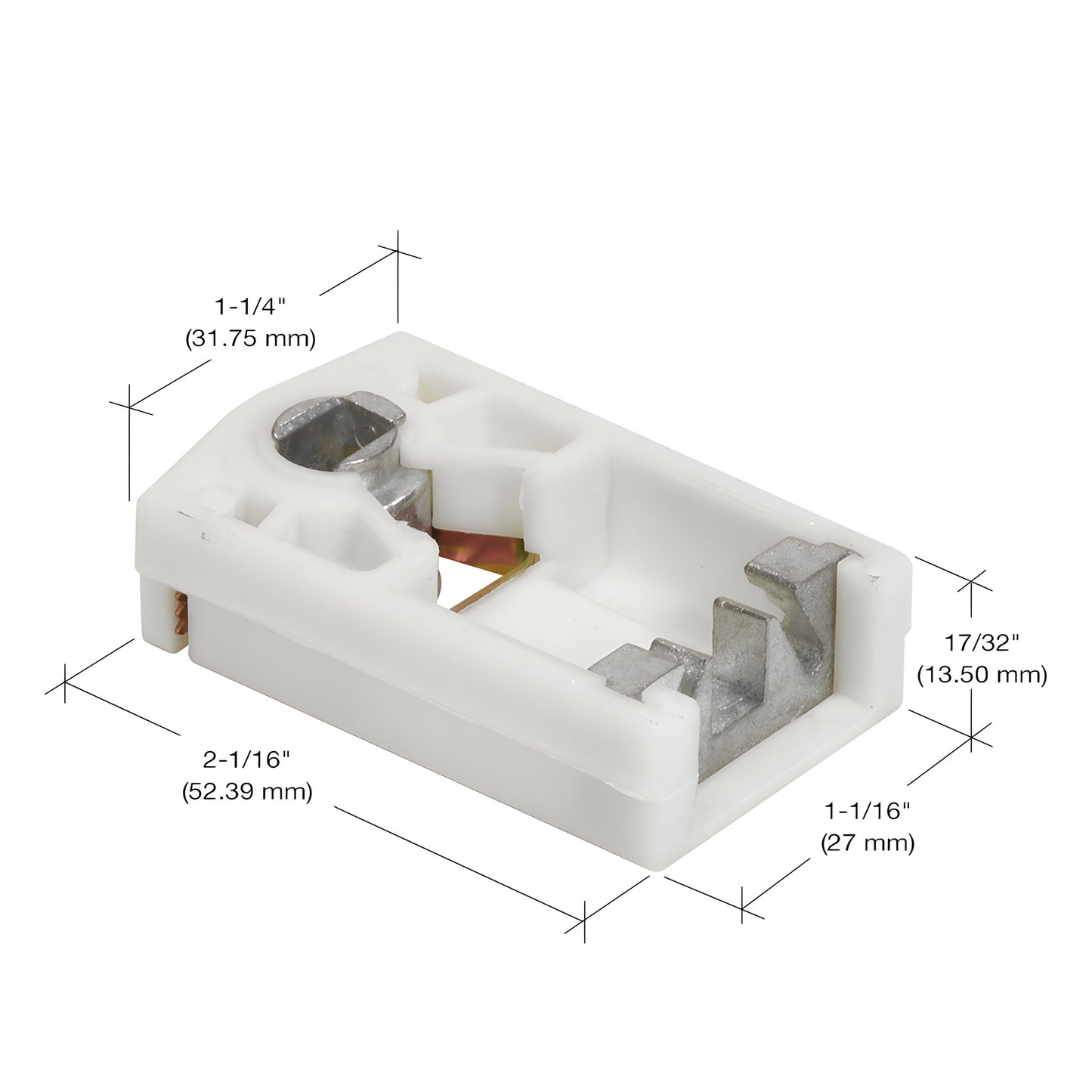 White nylon pivot lock shoe with metal locking cam and diecast clip, for 777/779 sash balances (SKU 62565)