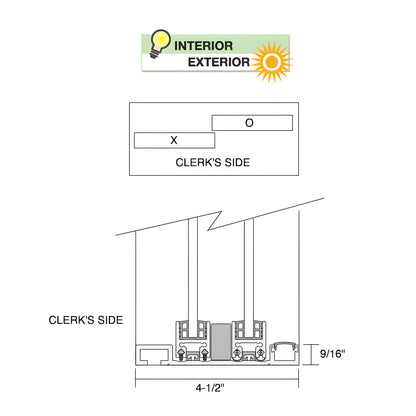 Bronze anodized aluminum self-closing sliding service window (XO), 471 2 433 4, 1/4" tempered glass, thumbturn lock. SKU SCDW4844