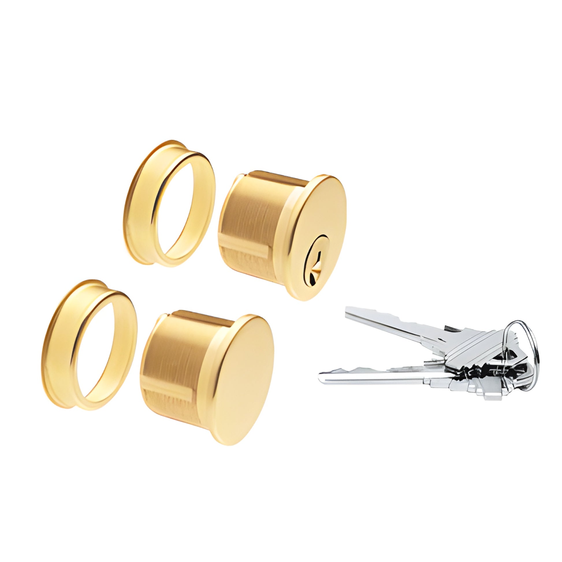 Polished brass mortise cylinder combo set with two cylinders, two trim rings and three keys, SKU DRA1030PB