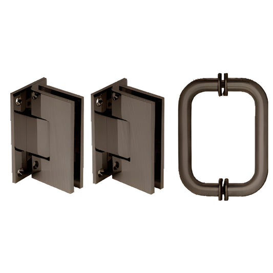 Oil rubbed bronze shower hinge and tubular back-to-back pull set (2 wall-mount hinges + handle) SKU V1ES30RB