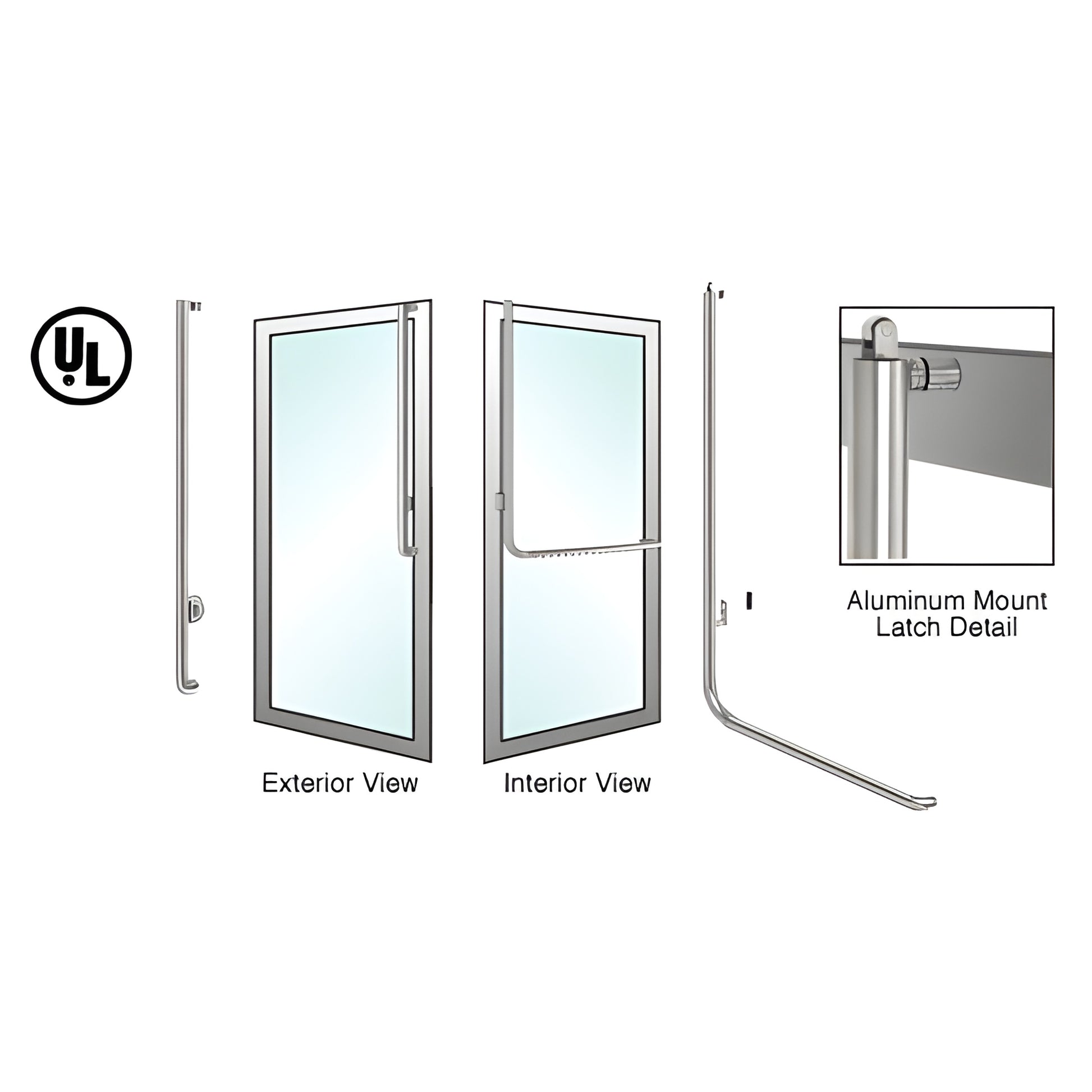 Brushed stainless tubular panic handle PA100J4AKBS for 1/2-3/4" glass doors; 1-1/4" tube, left-hand reverse, ADA-compliant.