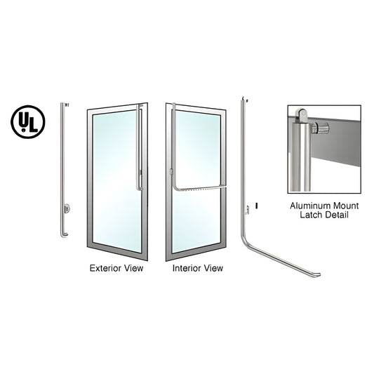 Brushed stainless tubular panic handle PA100J4AKBS for 1/2-3/4" glass doors; 1-1/4" tube, left-hand reverse, ADA-compliant.