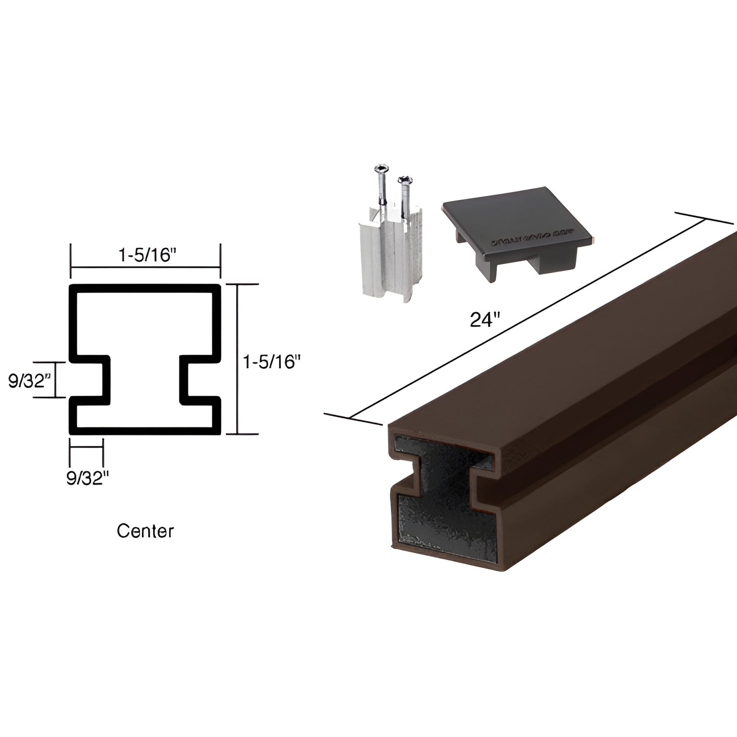 Dark bronze aluminum Sculptured Series 24" square partition post, 1 5/16" tube for 1/4" glass; top cap and mounting base show
