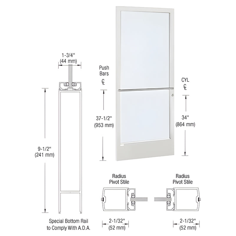 White Kynar narrow-stile commercial entrance door (SKU DE21752R036), fits 1/4" tempered glass, includes push bar prep.