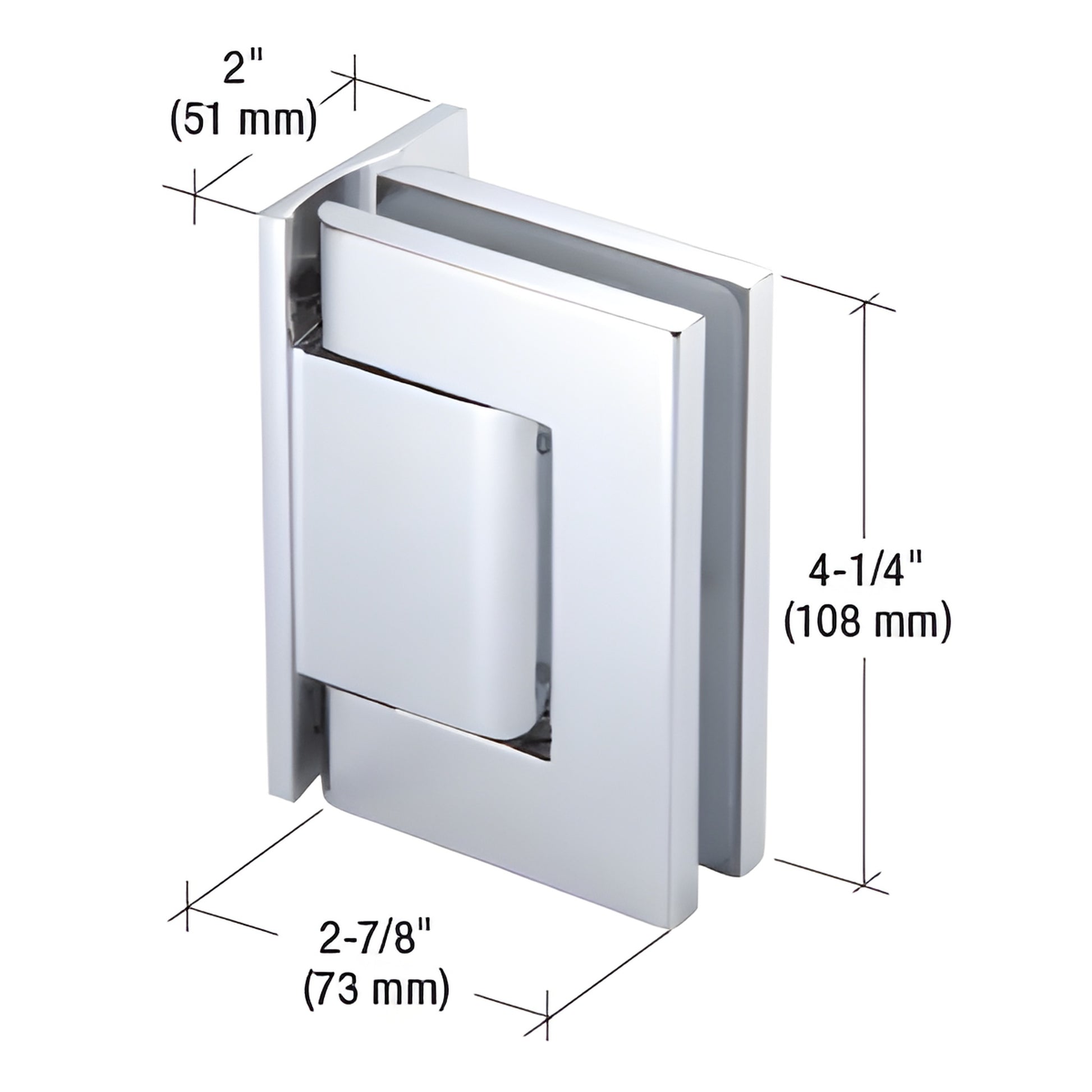 Polished chrome wall-mount oil-damped hinge H8211BTCH for 5/16-9/16 in (8-14 mm) glass, 4-1/4 in high.