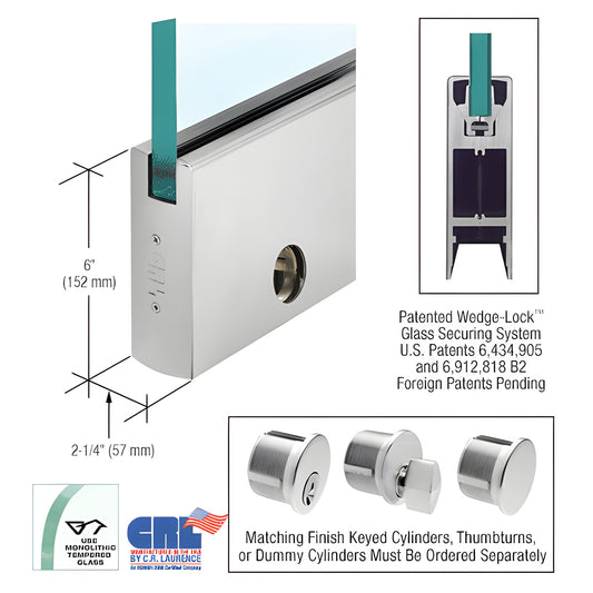 CRL Wedge-Lock satin anodized 6" door rail for 5/8" (16mm) tempered glass, includes lock - SKU DR6SSA58CL