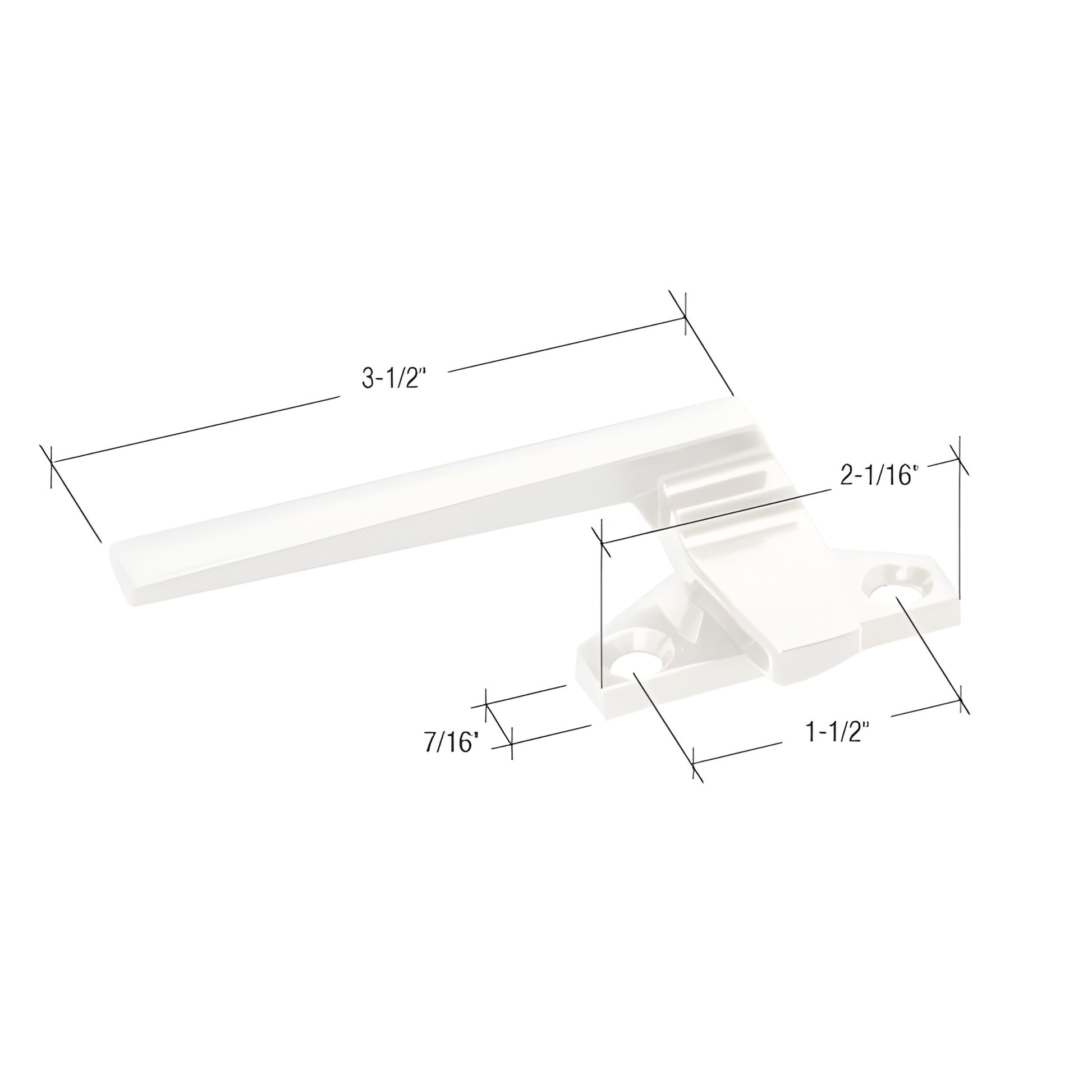 White diecast left-hand cam handle (DS2529W), 3-1/2 in lever, 1-1/2 in screw centers, for casement/awning windows.