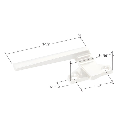 White diecast left-hand cam handle (DS2529W), 3-1/2 in lever, 1-1/2 in screw centers, for casement/awning windows.