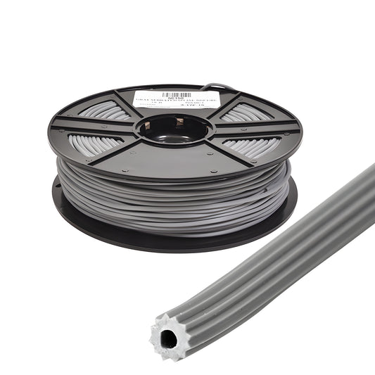 Gray hollow-core vinyl screen spline on 500' black plastic spool (SKU 5C150), serrated profile for screen repair.