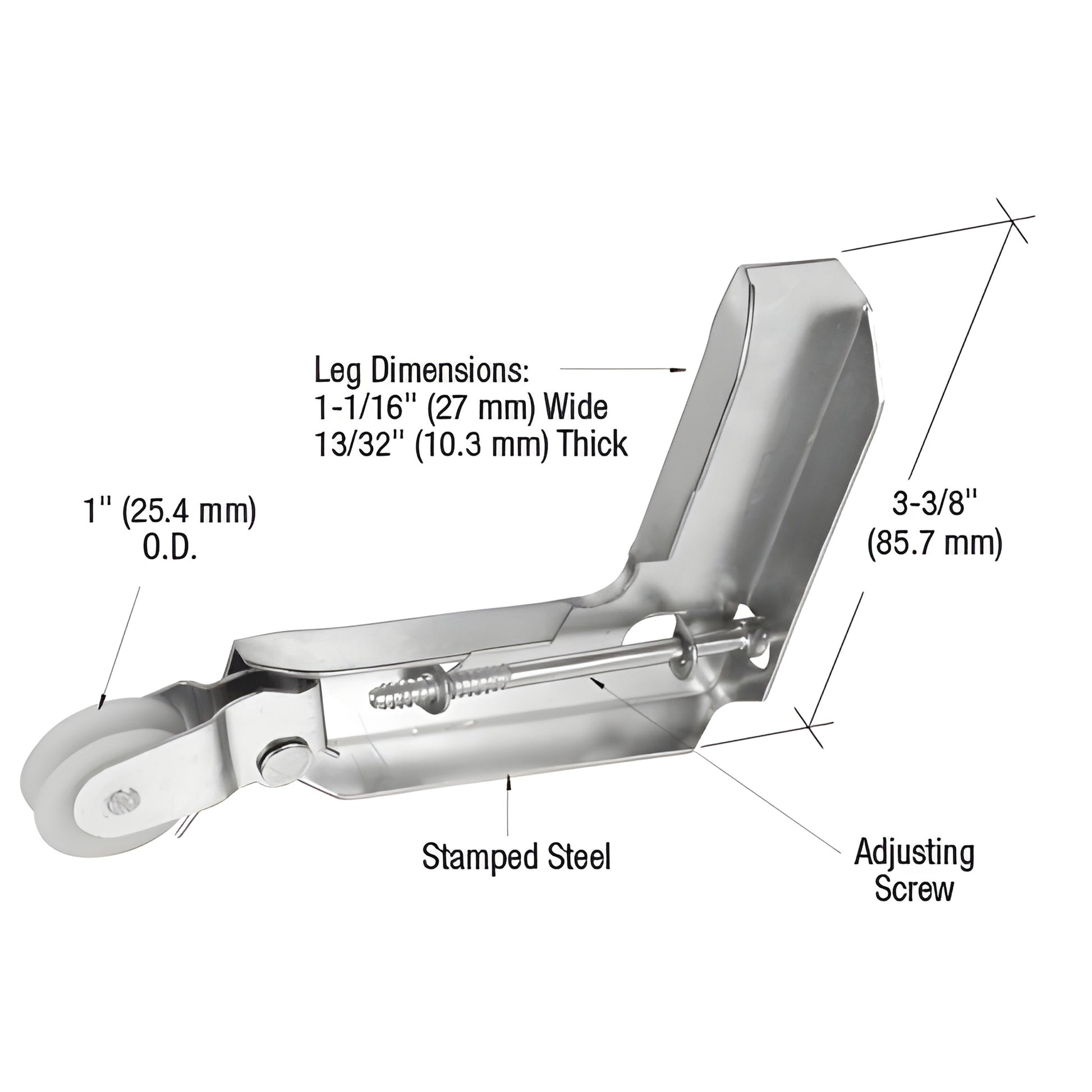 Stamped steel sliding screen door roller assembly with adjustable screw and 1" nylon concave roller (SKU B607)