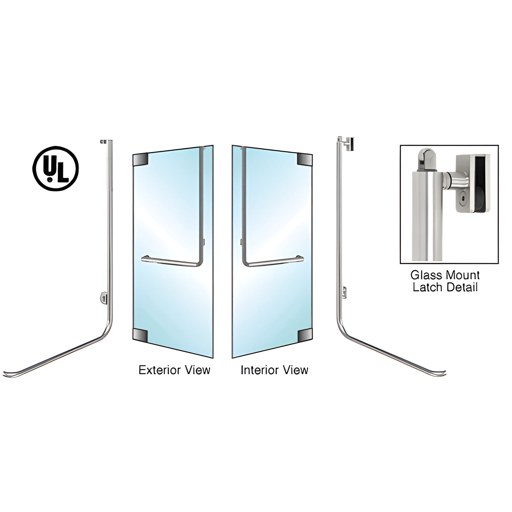 CRL polished stainless steel glass-door panic handle for 3/4" tempered glass, exterior access - SKU 3P100D4GKPS