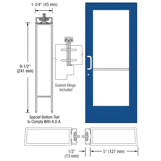 CRL Custom Wide Stile Entrance Door CD51871, blue Custom Kynar finish, 5in stiles, 91 2in ADA bottom rail, fits 1/4in tempered