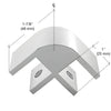 Chrome anodized aluminum 90 glass corner connector (SKU E212A) for 1/2" (12mm) glass, satin finish, nylon-tipped set screws