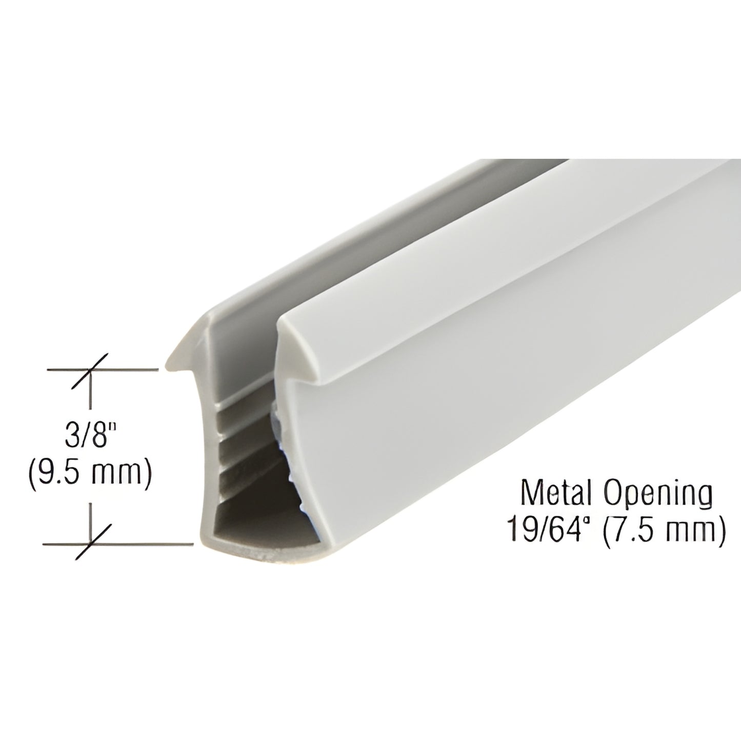 Gray extruded glazing vinyl (SKU SDV734C) for 1/4" (6mm) glass, 3/8" (9.5mm) channel depth, fits 19/64" metal opening.