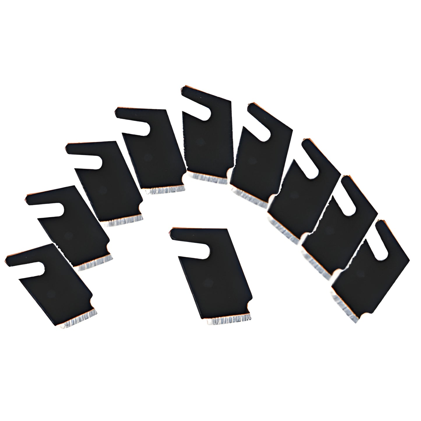 Extra-long CRL plastic cutting blades (SKU APB121) black scored tips, fan-arranged for Fletcher/HDP11 cutters.