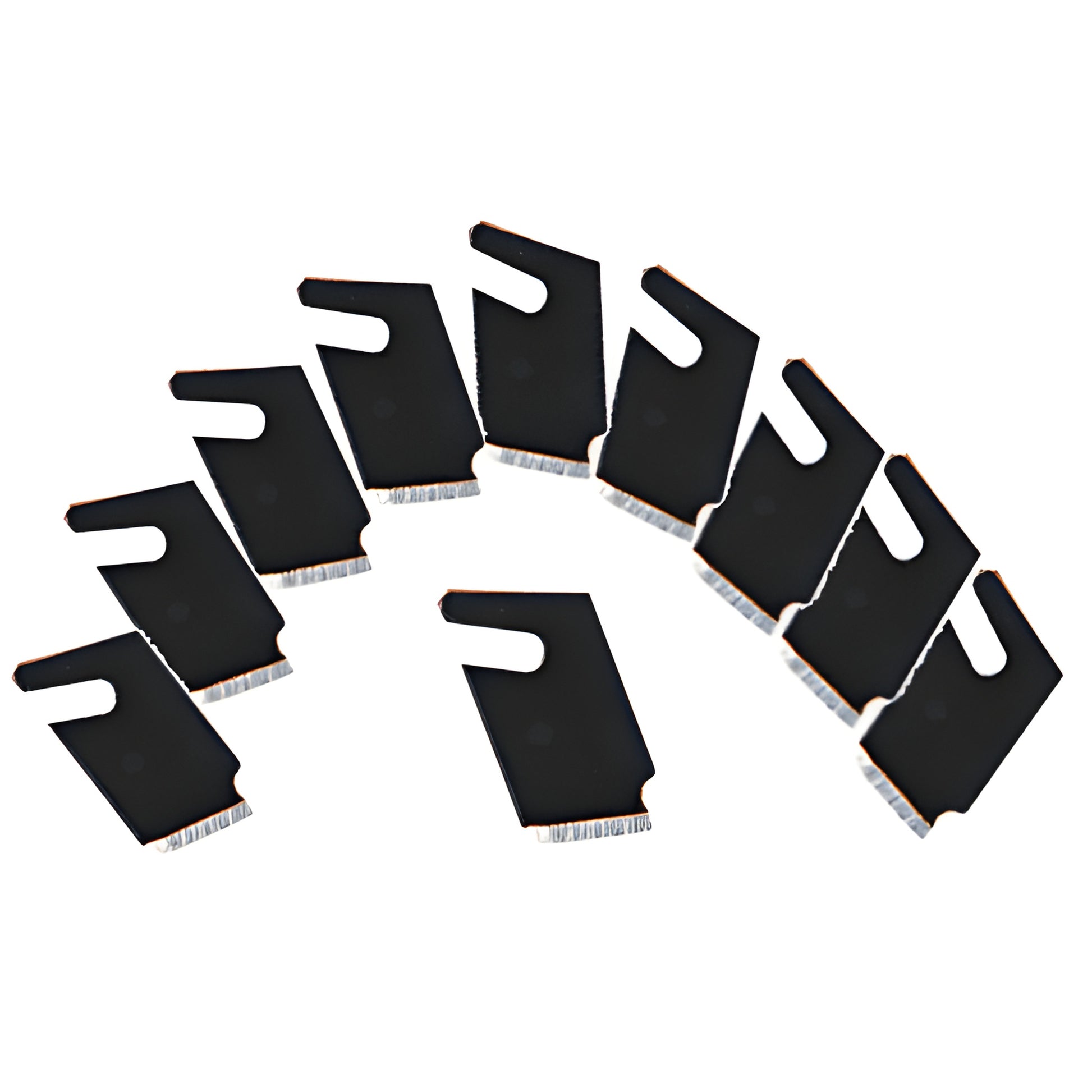 Extra-long CRL plastic cutting blades (SKU APB121) black scored tips, fan-arranged for Fletcher/HDP11 cutters.