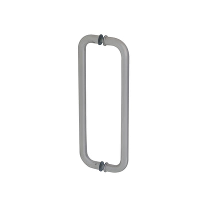 Brushed stainless steel glass-mounted pull handle, 12-inch center-to-center, 1" diameter, back-to-back