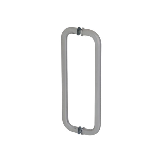 Brushed stainless steel glass-mounted pull handle, 12-inch center-to-center, 1" diameter, back-to-back