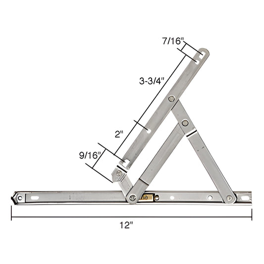 CRL H3628 stainless steel 4-bar hinge, 12" length, non-handed for awning and casement windows.