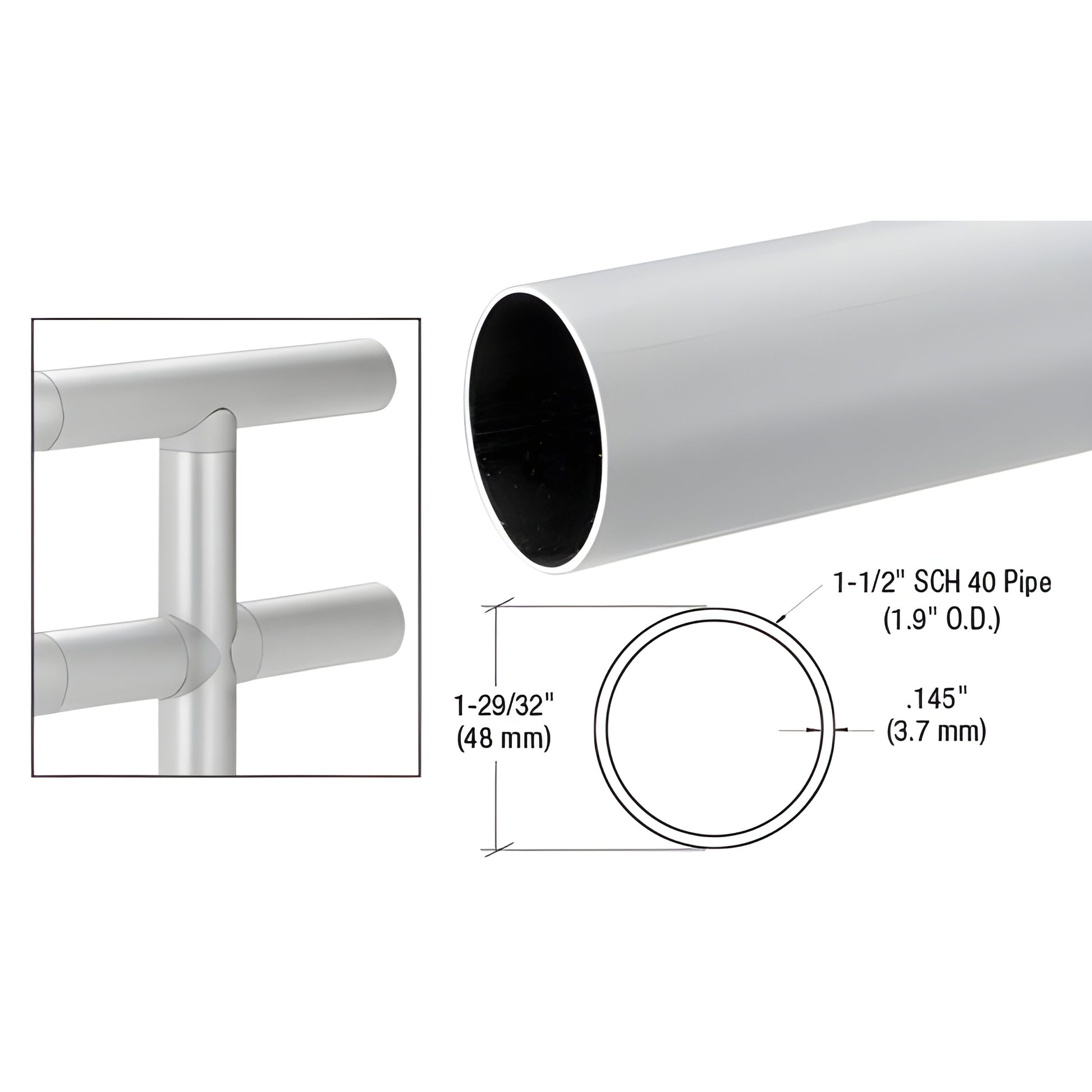 Aluminum 1.9" (48 mm) handrail tubing, mill finish, 20 ft length; cross-section and splice detail (SKU HR19M)