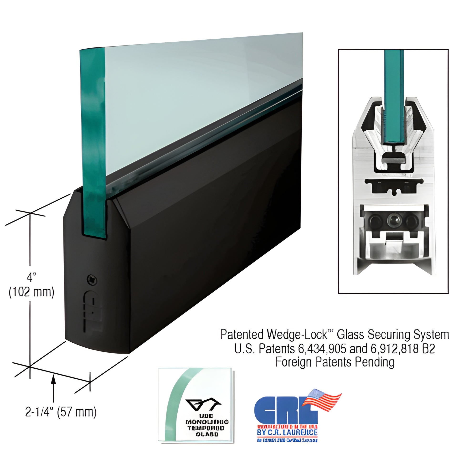 Gloss black aluminum tapered door rail 35-3/4" for 3/4" glass, Wedge-Lock glass securing system.